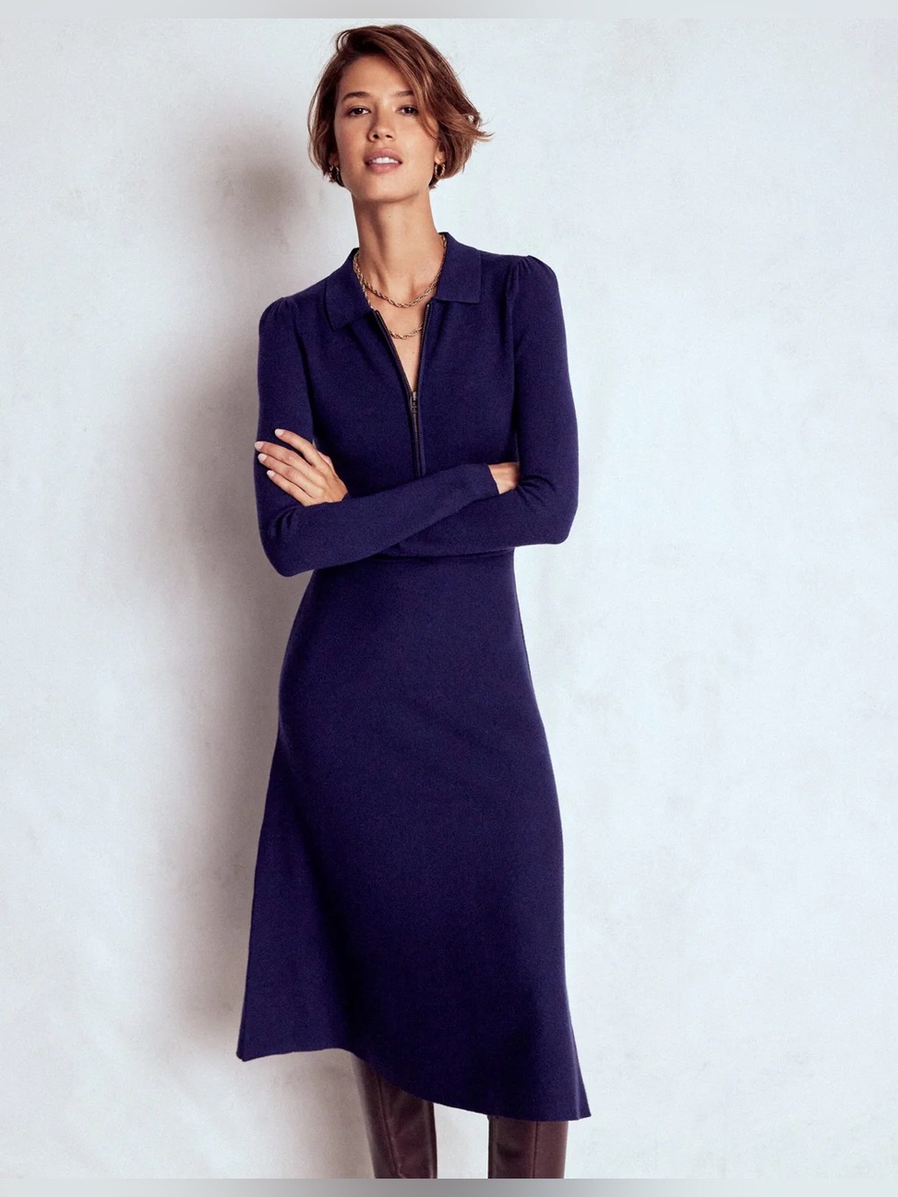 NWT Boden Fiona Zip Front Knitted Dress Navy Size US 4